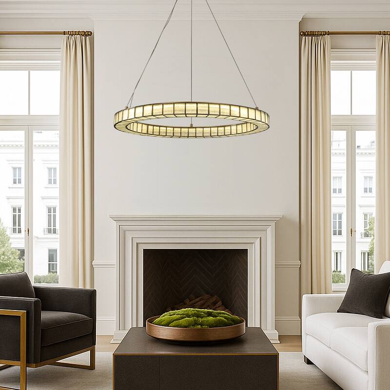 32'' Modern Halo Round Art Glass Integrated Led Chandelier Brass Art Deco Led Ceiling Light For Dining Room Living Room - W32''