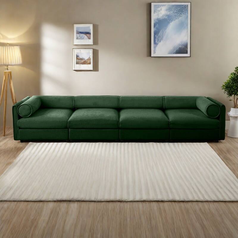 142.5" 4-Seat Chenille Modular Sectional Sofa with Storage and Cylindrical Backrest - Green