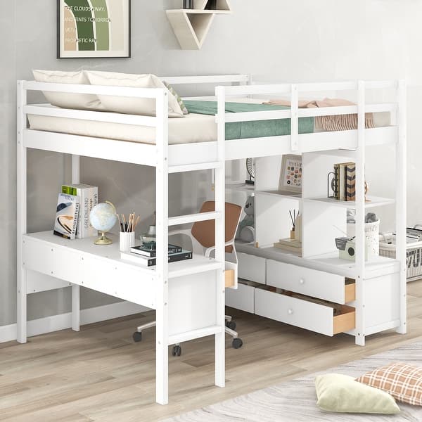 slide 2 of 36, Full Size Multifunctional Loft Bed with Two Drawers, and Storage Shelves and Drawers White