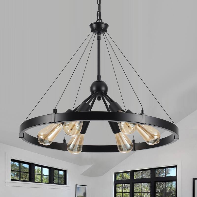 6-Light Dimmable Sputnik Chandelier, Farmhouse Wagon Wheel Chandelier for Dining Room Living Room Bedroom Kitchen