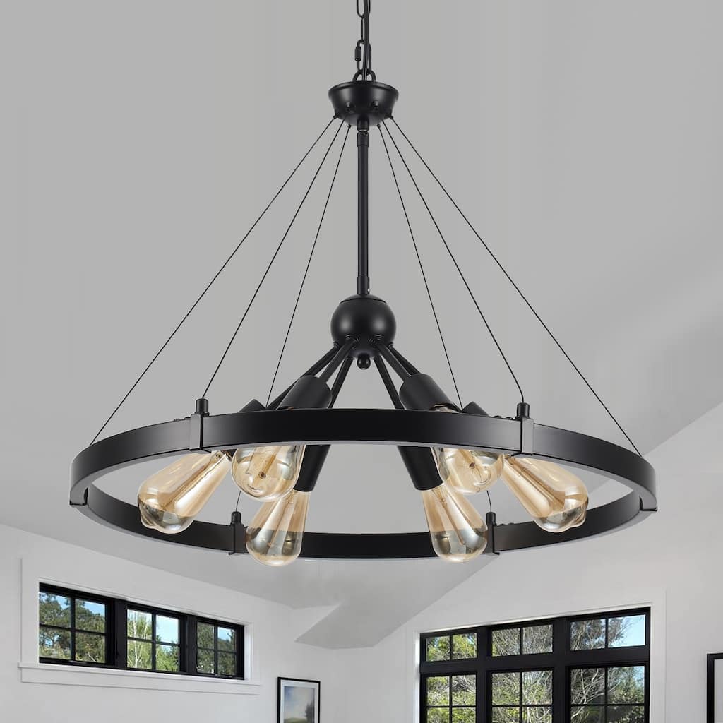 6-Light Dimmable Sputnik Chandelier, Farmhouse Wagon Wheel Chandelier for Dining Room Living Room Bedroom Kitchen