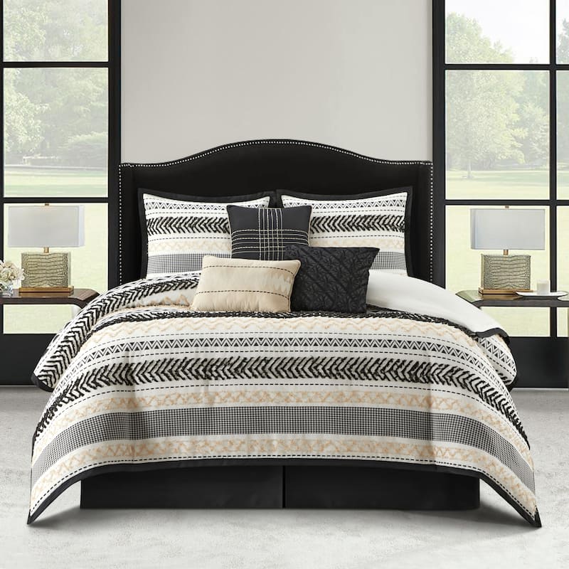 Nanshing Silvia 7 Piece Striped Jacquard Comforter Set - Black/Gold - California King