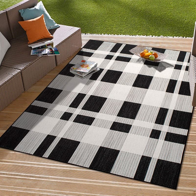 Contemporary Plaid Indoor/Outdoor Flatweave Waterproof Backyard Patio Area Rug