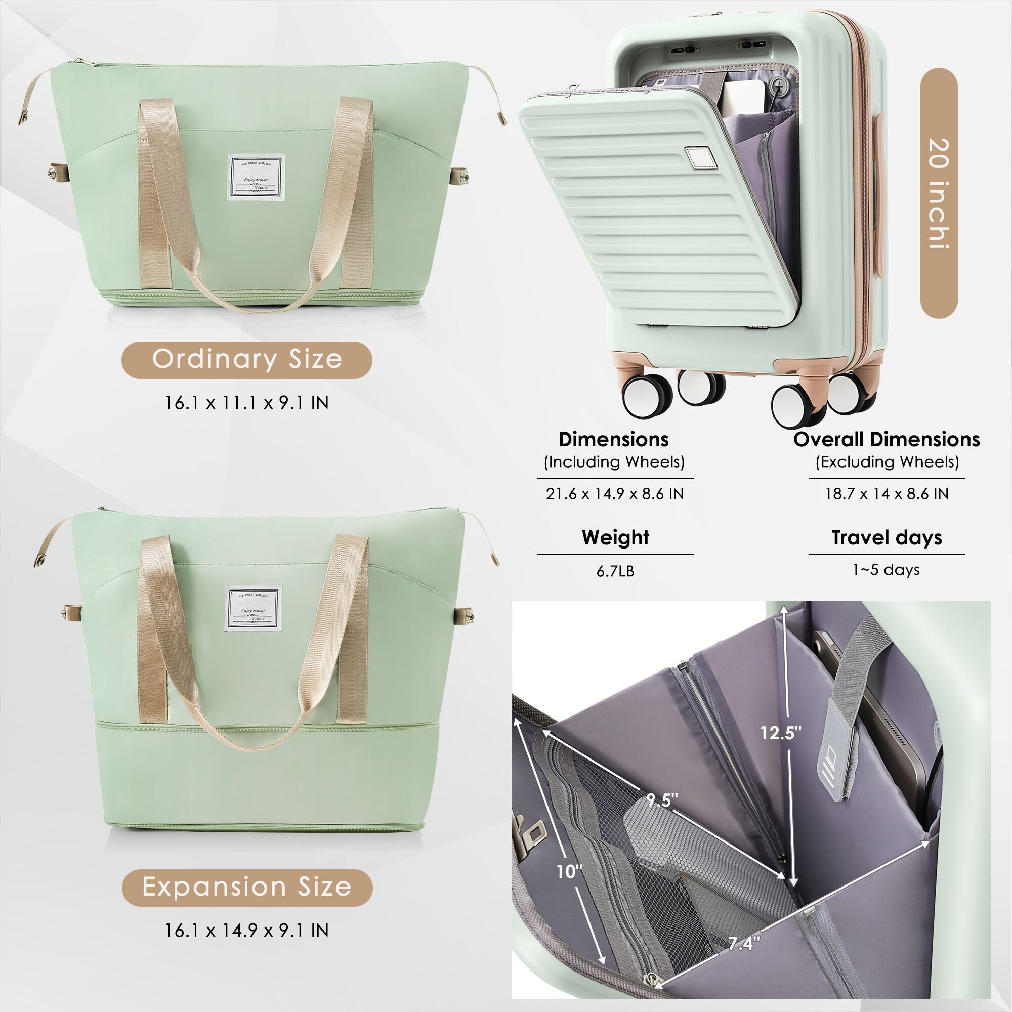 Luggage Set of 4(20/24/28in) with USB Port and Cup Holder,ABS Hard