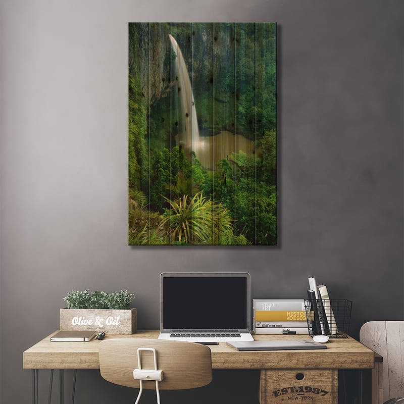 Bridal Veil Falls Near Raglan, New Zealand Print On Wood by Andy Reisinger - Multi-Color