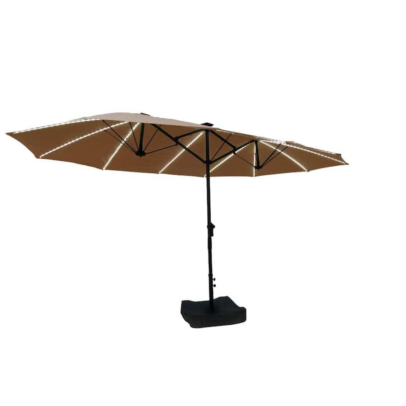 180'' x 108'' Rectangular Fiberglass Lighted Market Umbrella with Base - Tan