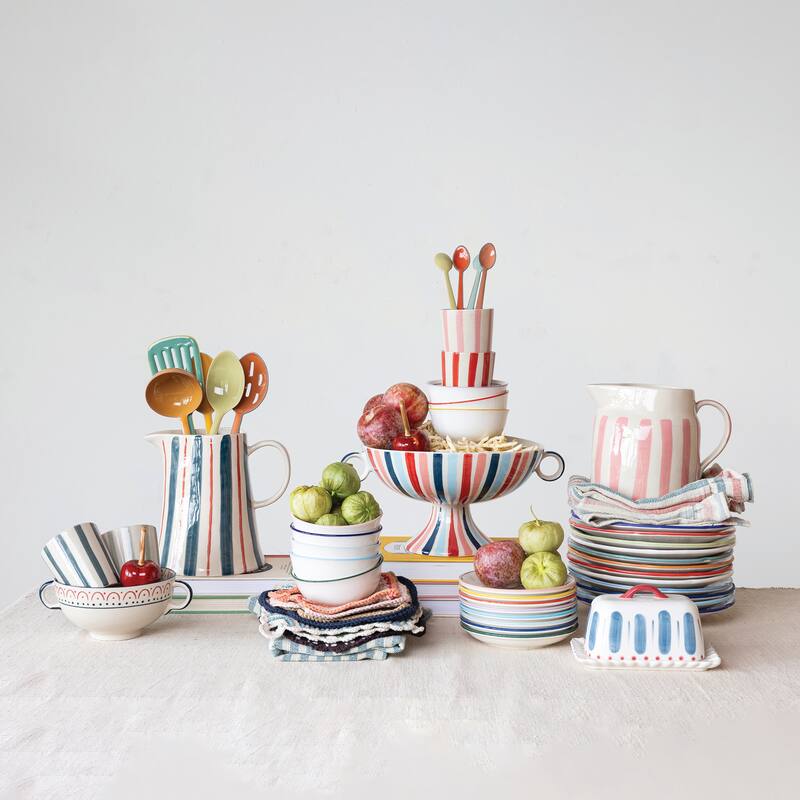 Hand-Painted Stoneware Footed Bowl with Handles and Stripes - 13.0"L x 9.8"W x 6.0"H - 13.0"L x 9.8"W x 6.0"H