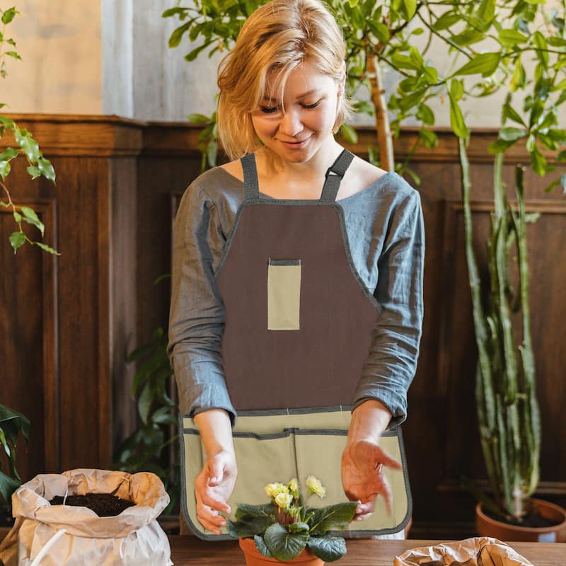 Gardening Apron with Pockets, Oxford Cloth Garden Apron with 7 Pockets - Brown - 21.26 x 17.32 Inch