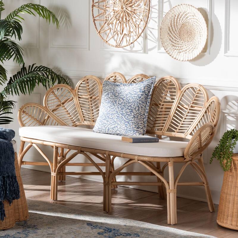 Eliava Natural Rattan Accent Bench with Cushion - Coastal Boho Loveseat with Scalloped Fan Back for Living Room or Sunroom