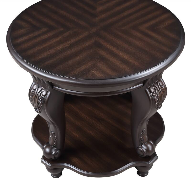 22'' Two Tone Round End Table,Solid Wood Sofa Side Table with Shelf,Living Room Corner Table Easy Assemble, Espresso