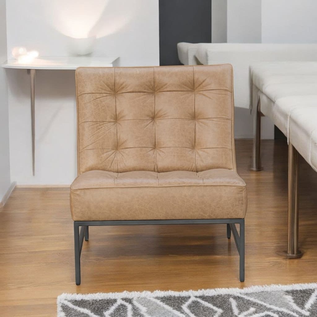 HomeRoots 31" Cream And Black Genuine Leather Tufted Slipper Chair - 31' X '34.5' X '33