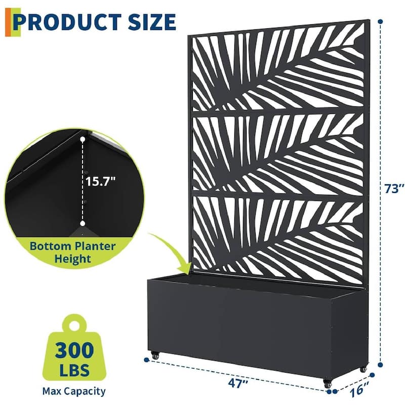 Metal Privacy Screen Planter Box, Raised Garden Bed for Climbing Plants, Veggies, Palm Leaf Style With Wheels