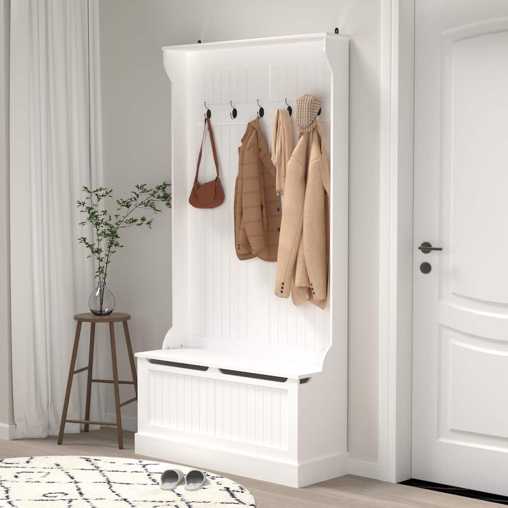 Entryway Bench with Standing Coat Rack, Hall Tree with Shoe Storage Bench, 5 Hooks, White