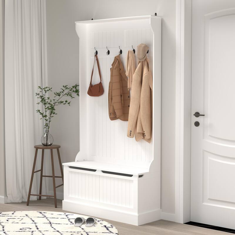 Modern Style Coat Rack,Entryway Bench Standing, Hall Tree with Shoe Storage, Entryway Organizer with 5 Hooks - White