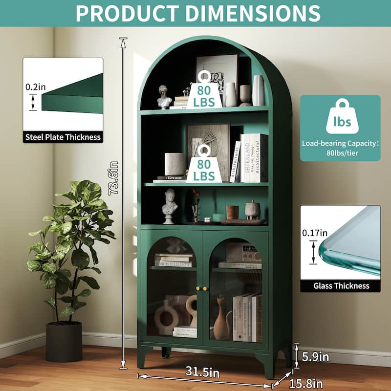 73.6-Inch Arched Metal Storage Display Cabinet with Adjustable Shelves