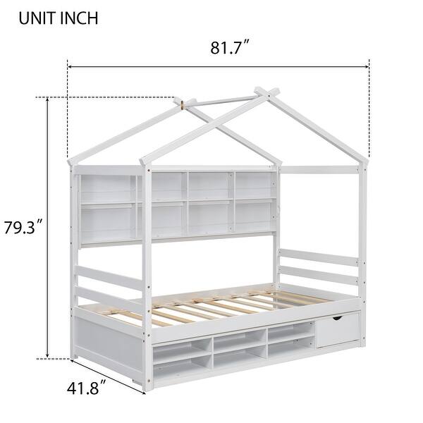dimension image slide 2 of 3, Twin Size Platform Bed wBedside-Shelves, Under Bed Storage Unit and Roof, Wood Low House Bedframe Daybed with Small Cabient