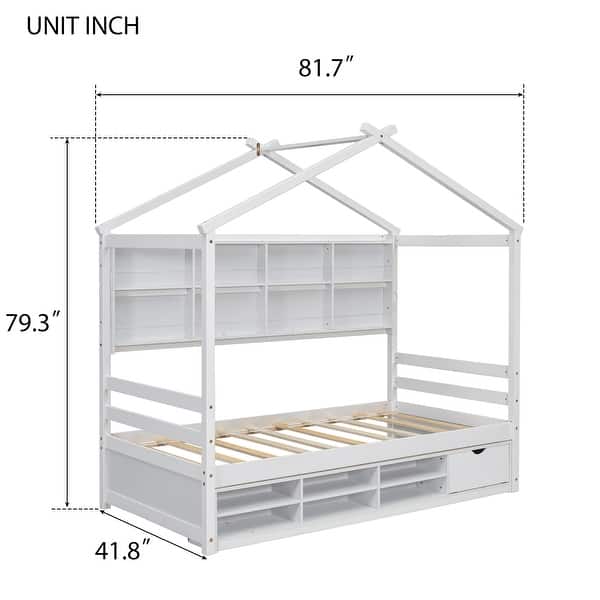 dimension image slide 0 of 3, Wooden House-shaped Twin House Bed with Bedside Built-in Storage Shelves,Under Bed Storage for Home