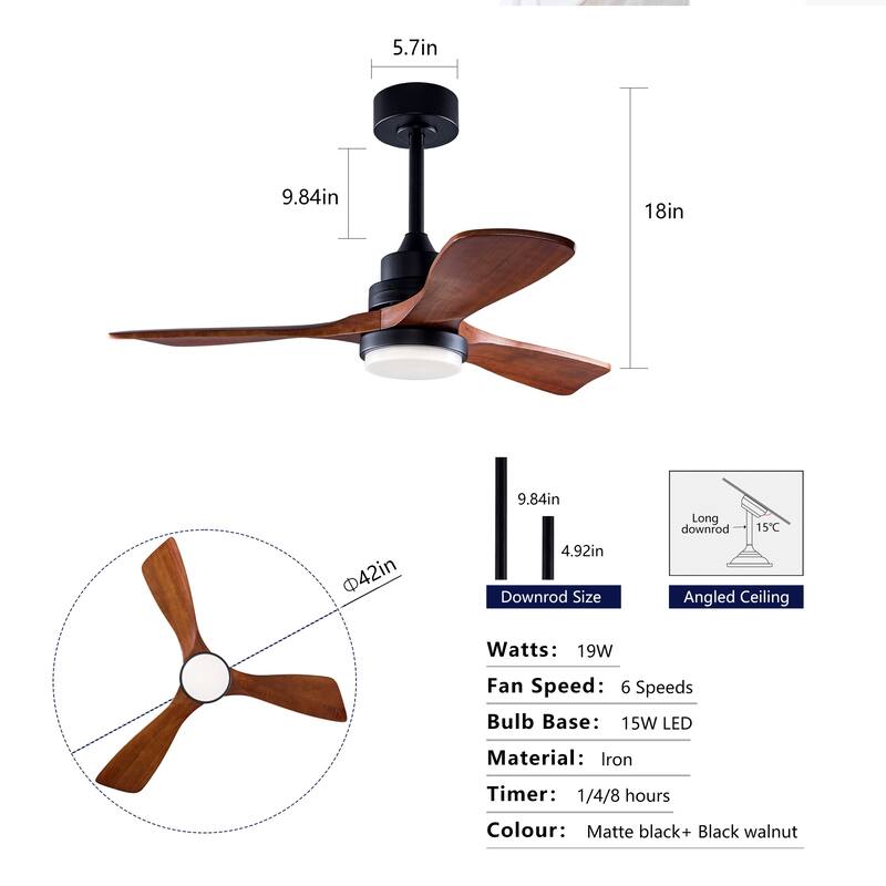 42 Inch Modern Ceiling Fan With 3 Color Dimmable 3 Solide Wood Blades Remote Control Reversible DC Motor With Led Light