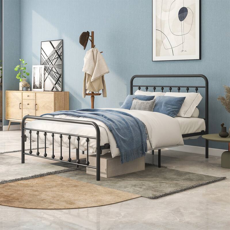 Full Metal Platform Bed Frame with Headboard with Strong Slat Support
