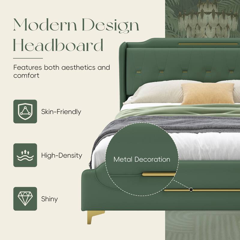 Queen Size PU Leather Platform Bed with Wingback Headboard and Footboard, Solid Wood Slats, Easy Assembly