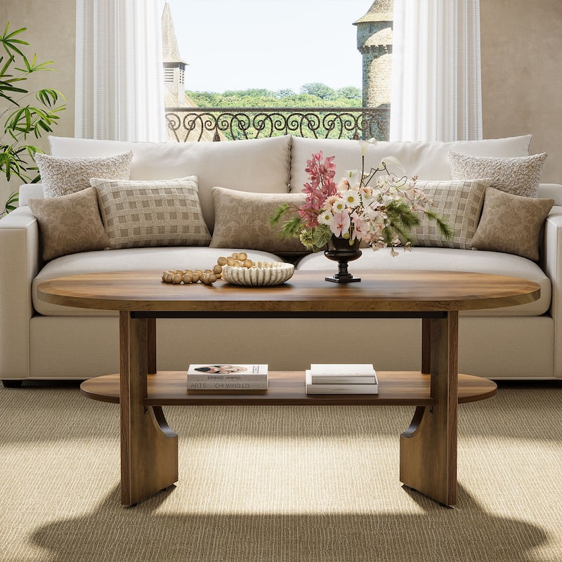 47.24" Farmhouse Wooden Oval Center Coffee Table with Storage