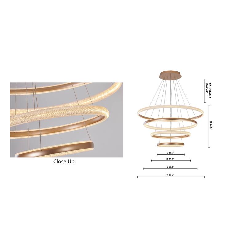 4-Light Gold Iron LED Chandelier With Clear Acrylic Diffusers