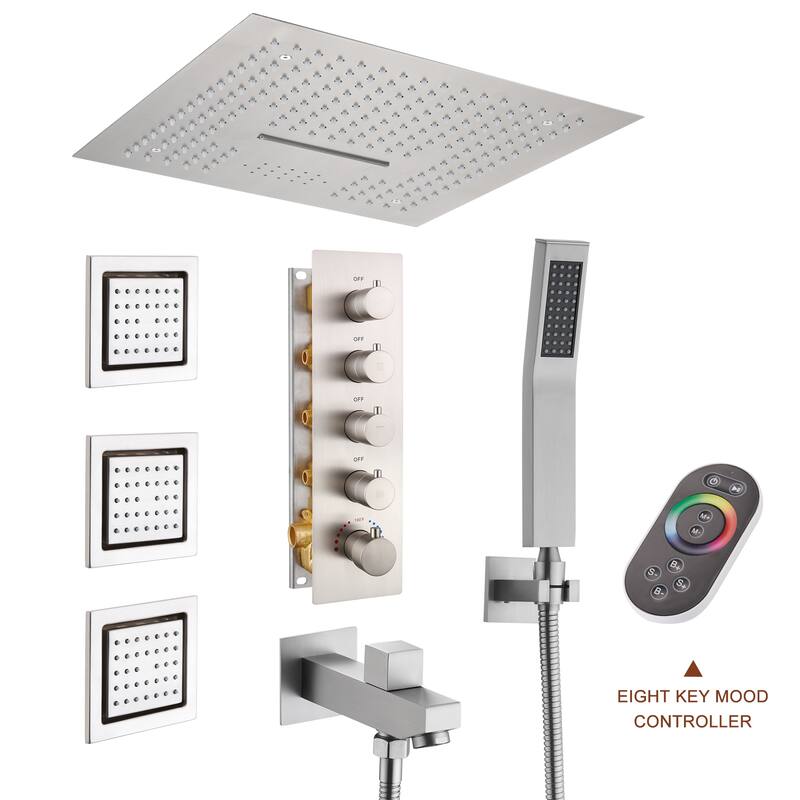 64 Colors LED Light and Music 4 Functions 5 Sprays Ceiling Mounted Thermostatic Shower System - Brushed Nickel
