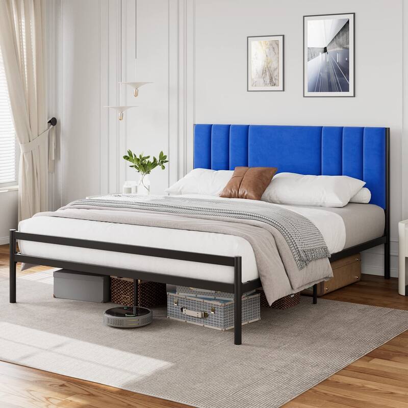 Platform Bed Frame with Velvet Headboard