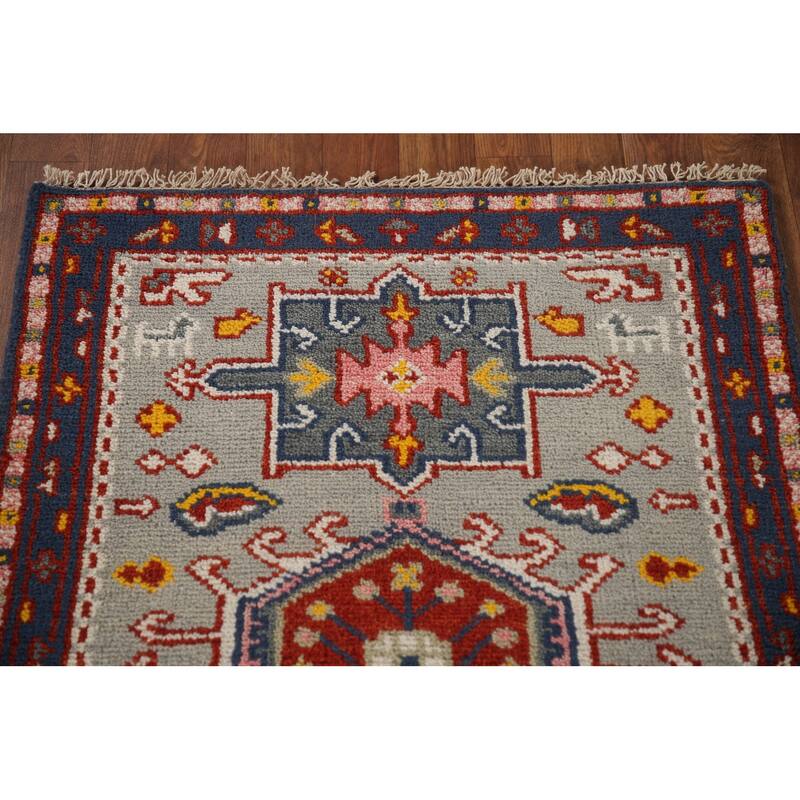 Geometric Green Kazak Indian Runner Rug Hand-knotted Wool Carpet - 2'6"x 9'11"