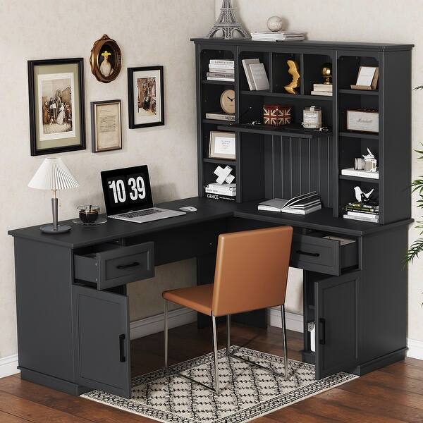 L-shaped computer desk with 2 cabinets and 2 drawers underneath 