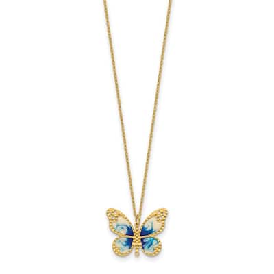 Curata 14k Yellow Gold 18" Italian Blue Enamel Textured Butterfly Necklace - 22mm