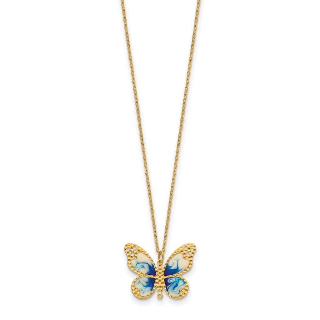 Curata 14k Yellow Gold 18" Italian Blue Enamel Textured Butterfly Necklace - 22mm