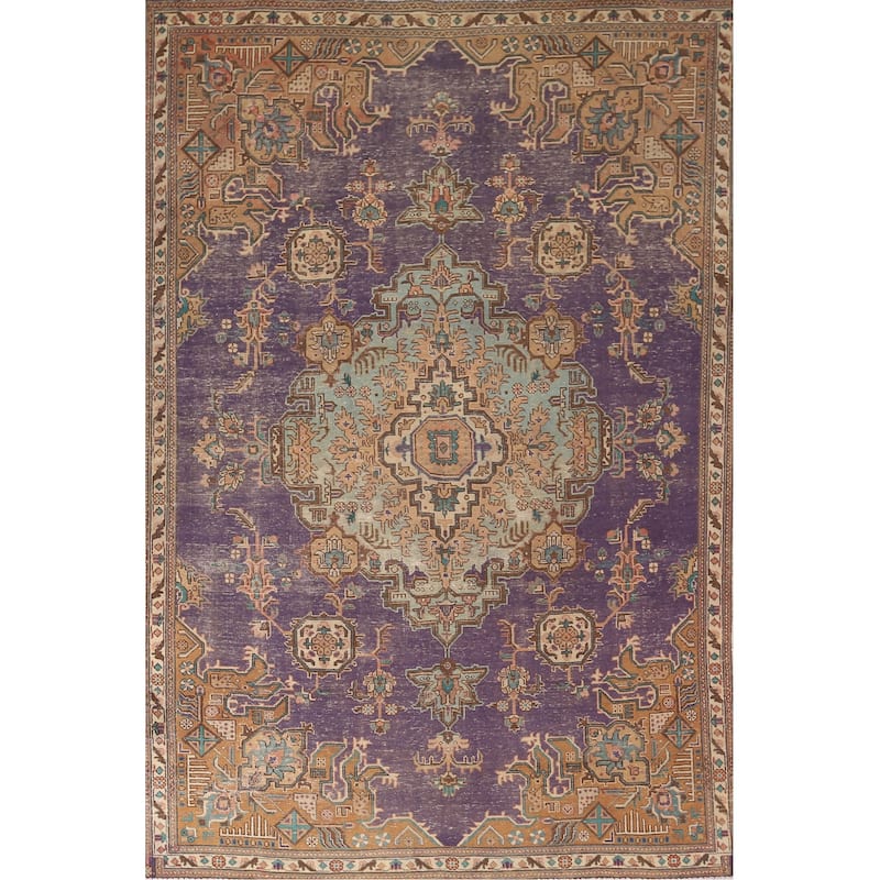 Distressed Purple Tabriz Persian Vintage Area Rug Handmade Wool Carpet - 6'0"x 9'2"
