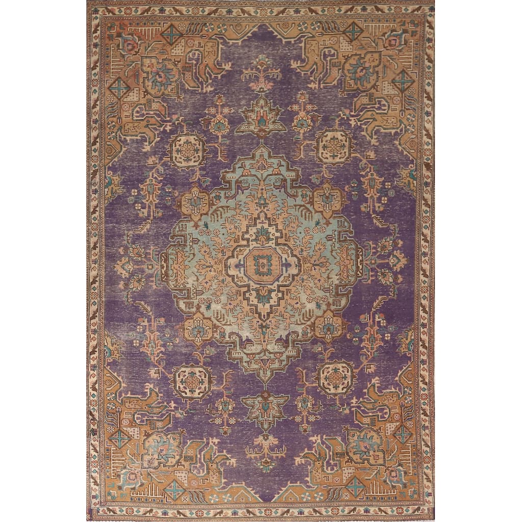 Distressed Purple Tabriz Persian Vintage Area Rug Handmade Wool Carpet - 6'0"x 9'2"