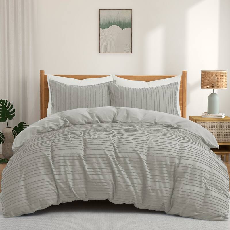 Tufted Clipped Jacquard Geometric Oversized Duvet Cover & Pillowcase Set - Stripe/Light Gray - Queen