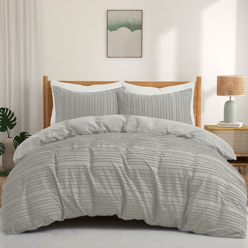 Clipped Jacquard Geometric Duvet Cover & Pillowcase Set - Light Gray/Stripe - Twin