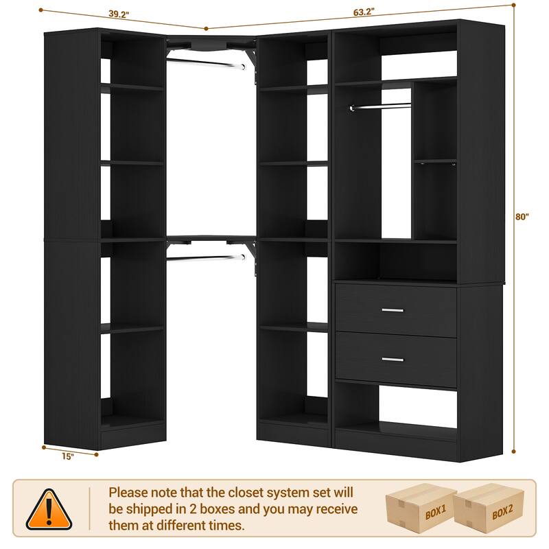 Rackcog 63.2'' W Corner Closet System with 2 Wooden Drawers and 3 Hanging Rods, Walk-in Closet Organizer with 12 Storage Shelves