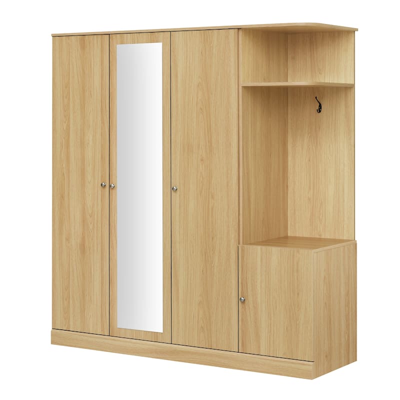 Freestanding Wardrobe Closet Clothing Storage Cabinet Armoire with Full-Length Mirror, Folding and Hanging Areas