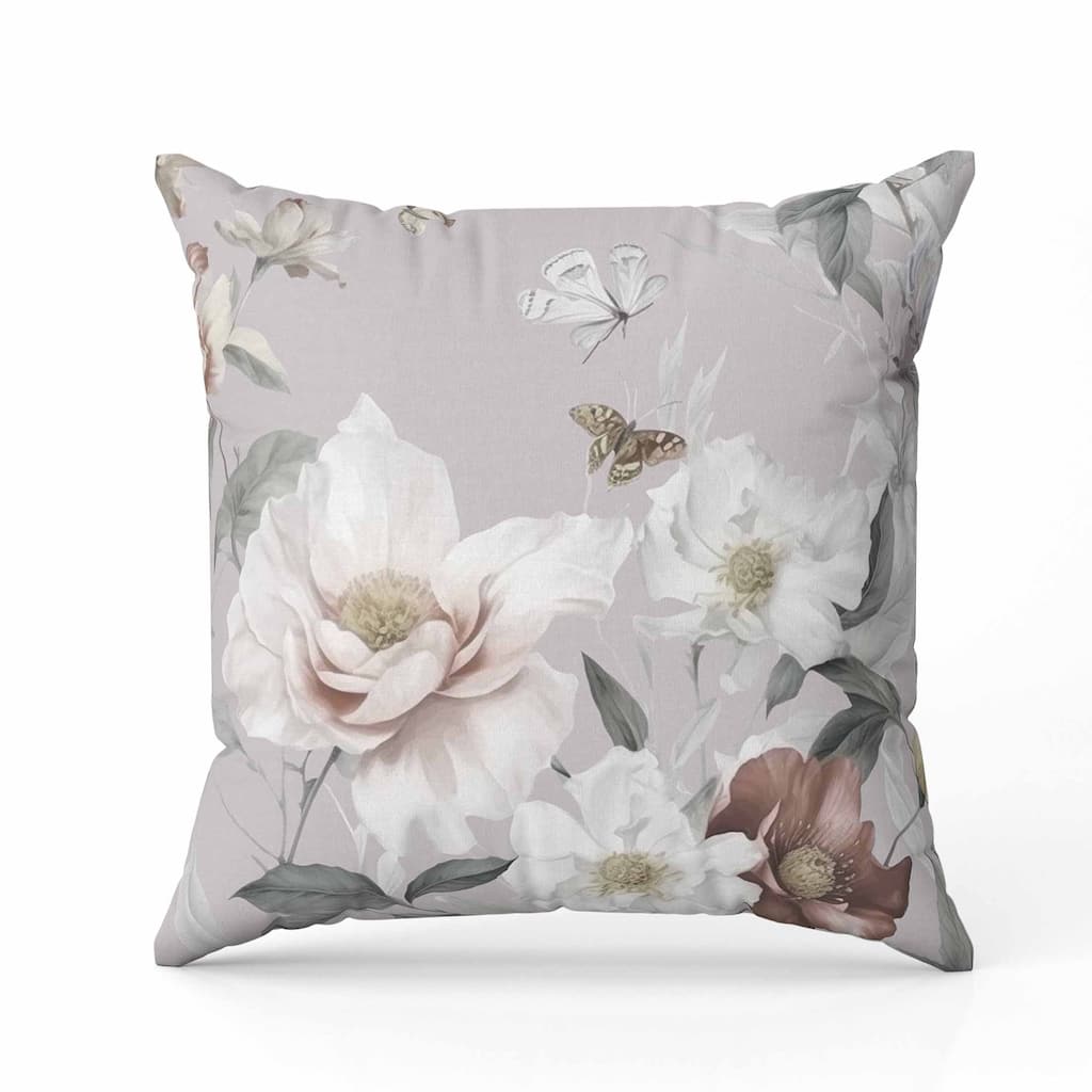 Leafy Lepidoptera Medley Faux Suede Reversible Throw Pillow White and Silver