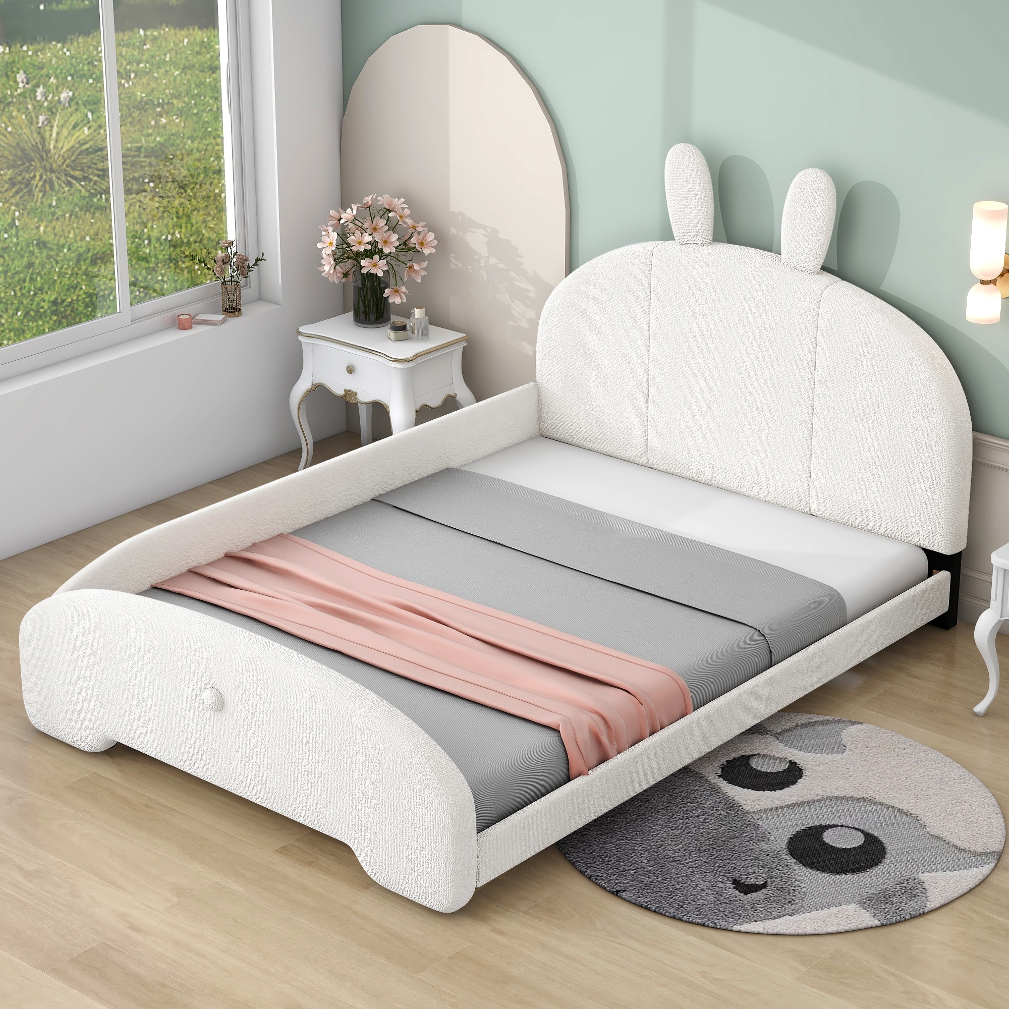 Full Bed Frame for Kids Full Size Upholstered Platform Bed with Cartoon Ears Shaped Headboard Kids Bed with Slat Supports Bed Bath Beyond 40027596