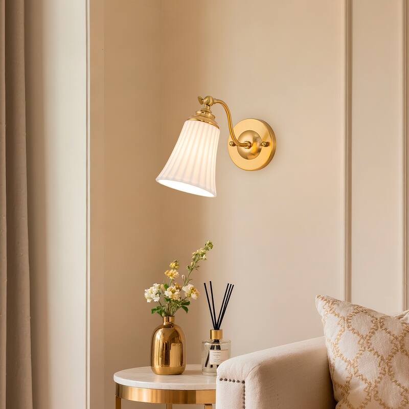 Modern Gold Wall Sconce with Fluted Ceramic Bell Shade Bathroom
