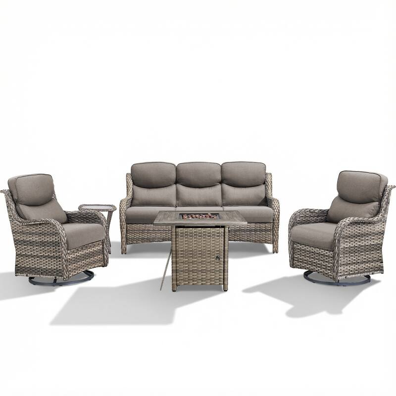 Pocassy Outdoor Propane Fire Table with Sofa Swivel Chair Table Funiture Set.