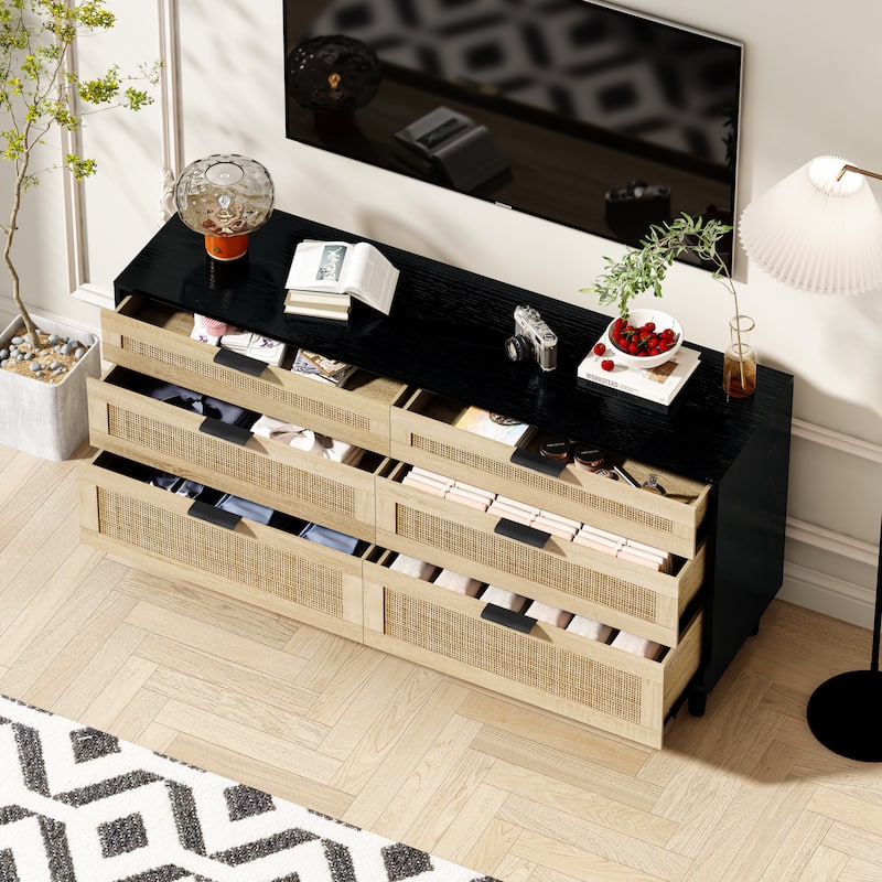 Rattan 6-Drawer Double Dresser with Metal Handle, Clothes Storage Cabinet for Bedroom