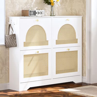 Mid-Century Shoe Cabinet with 4 Flip Drawers - Narrow Entryway Organizer with Rattan Doors & Hooks