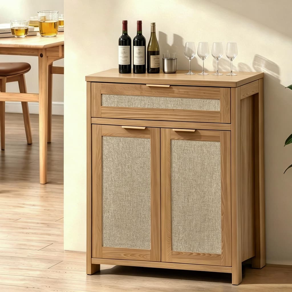 Rattan Sideboard Buffet Cabinet, Farmhouse Storage Cabinet with Adjustable Shelf, Boho Kitchen Buffet Cabinet with Drawer