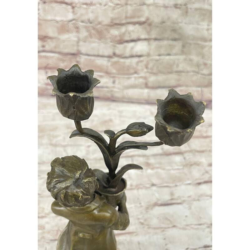 Original Aldo Vitaleh Boy Holding A Tulip Vase Bronze Candle Holder Sculpture