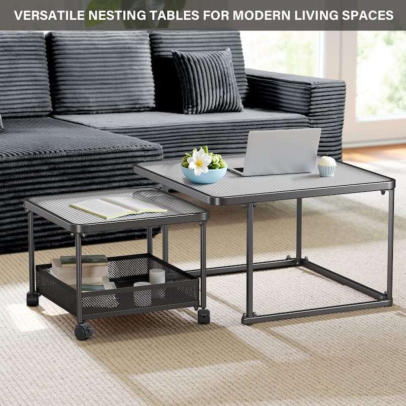 Meyreso Black Square Tempered Glass Nesting Coffee Tables with Metal Frame