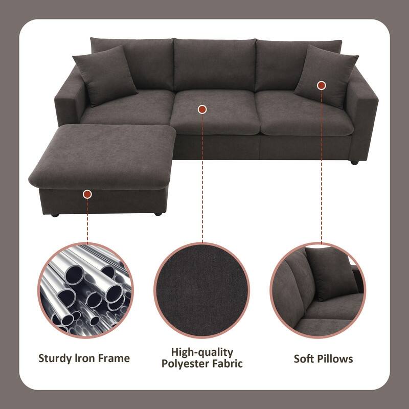 100" L-Shaped Sectional Sofa, Modern Couch Set with Convertible Ottoman and 2 Free Pillows
