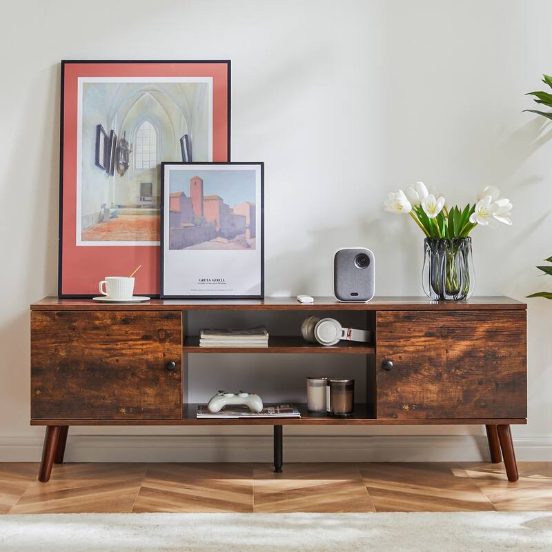 Modern TV Stand for 55-60 Inch TVs, 2 Storage Cabinets with Adjustable Shelves, Soft Close Doors, Stylish Handles
