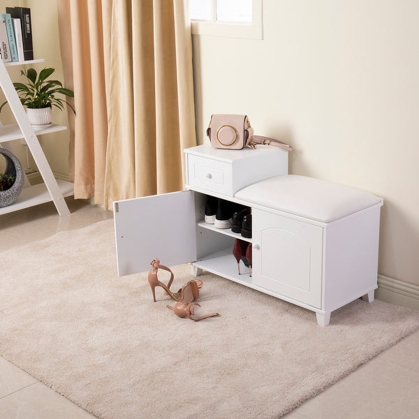 Wooden Shoe Storage Bench Shoe Ottoman Cabinet with Drawer White